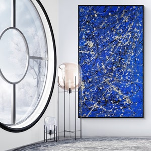 Toile abstraite bleue de style Pollock XXL: grand art mural exclusif pour un décor moderne beaux-arts originaux et fabriqués à la main pour le salon et la galerie image 4