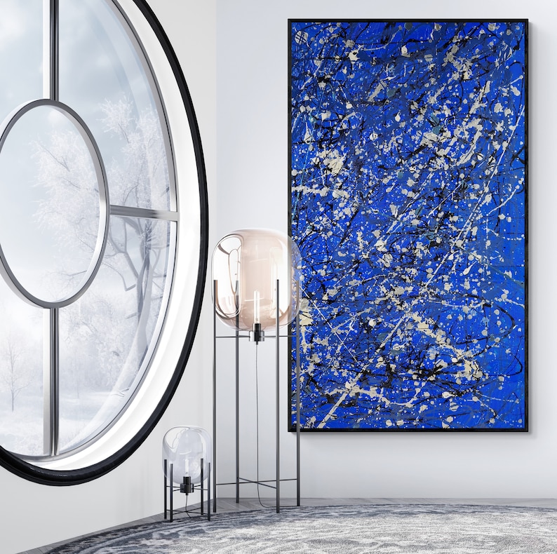 Toile abstraite bleue de style Pollock XXL: grand art mural exclusif pour un décor moderne beaux-arts originaux et fabriqués à la main pour le salon et la galerie image 4