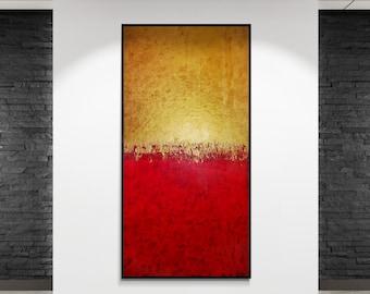 May include: A vertical rectangular abstract painting in a black frame. The upper half features a textured golden yellow surface, while the lower half is a deep red. A horizontal band of mixed red and gold paint separates the two colors.