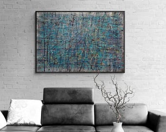 One-of-a-Kind Jackson Pollock Style Canvas, Drip and Splatter Acrylic Artwork, Modern Abstract Painting Chrome & Turquoise, Free Shipping