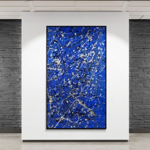 Toile abstraite bleue de style Pollock XXL: grand art mural exclusif pour un décor moderne beaux-arts originaux et fabriqués à la main pour le salon et la galerie image 3