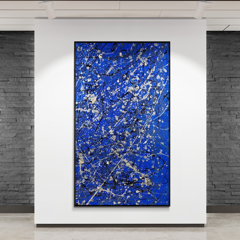 Toile abstraite bleue de style Pollock XXL: grand art mural exclusif pour un décor moderne beaux-arts originaux et fabriqués à la main pour le salon et la galerie image 3