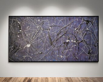May include: Abstract expressionist painting with a dark purple and black textured background. White and black lines and splatters create a dynamic composition. The artwork is framed in a black rectangular frame.