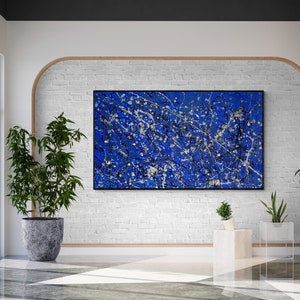 Toile abstraite bleue de style Pollock XXL: grand art mural exclusif pour un décor moderne beaux-arts originaux et fabriqués à la main pour le salon et la galerie image 6