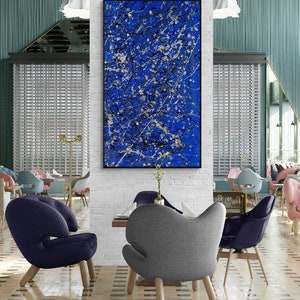 Toile abstraite bleue de style Pollock XXL: grand art mural exclusif pour un décor moderne beaux-arts originaux et fabriqués à la main pour le salon et la galerie image 8