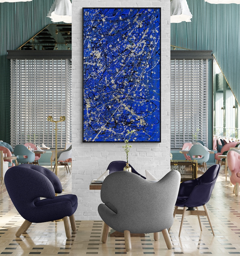 Toile abstraite bleue de style Pollock XXL: grand art mural exclusif pour un décor moderne beaux-arts originaux et fabriqués à la main pour le salon et la galerie image 8