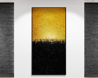 May include: Abstract art piece featuring a textured golden yellow upper half and a black lower half. The black section has a silhouette of a field of plants. The artwork is framed in black and mounted on a white wall.