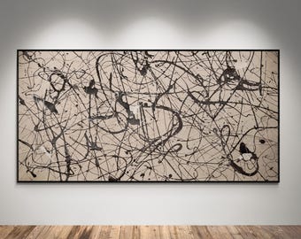 XXL Jackson Pollock Style Sand Canvas | Original Abstract Art Black & Sand | Large Modern Drip Painting Wall Decor | Neutral Minimal Artwork