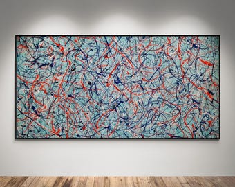 May include: A large rectangular wall art piece featuring a light blue background covered in a dense, chaotic network of overlapping paint splatters and thin, swirling lines in vibrant shades of bright red, deep navy blue, and crisp white.