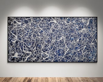 May include: A large rectangular canvas painting featuring a deep navy blue background covered in a dense, chaotic network of thin, overlapping white paint splatters and drips, all enclosed within a thin, simple black frame.