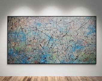 May include: A large rectangular canvas painting featuring a complex network of thin black paint splatters and drips layered over a textured background of blended blue, green, and soft peach tones, all enclosed within a thin black frame.