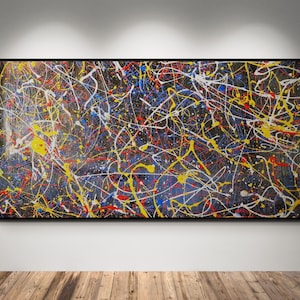 XXL Jackson Pollock Style Black Canvas | Original Handmade Drip Painting | Exclusive Abstract Multicolor Wall Art | Modern Decor | Ship Free