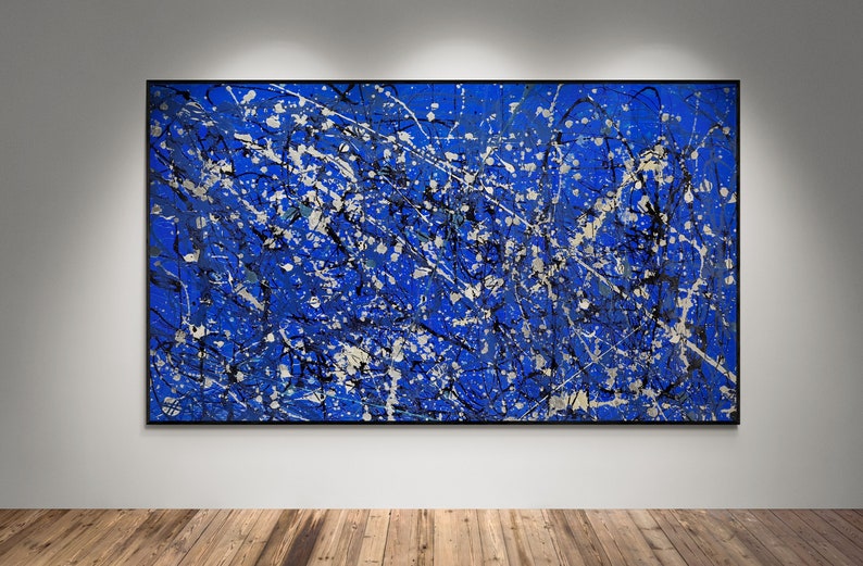 XXL Pollock-Style Blue Abstract Canvas: Exclusive Large Wall Art for Modern Decor - Original, Handcrafted Fine Art for Living Room & Gallery