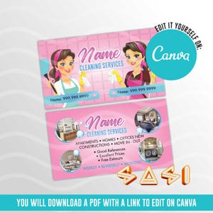 May include: Pink business card design for cleaning services. Features illustrations of cleaning ladies, contact information, and service details. Includes the text "Name Cleaning Services" and "Edit it yourself on Canva."