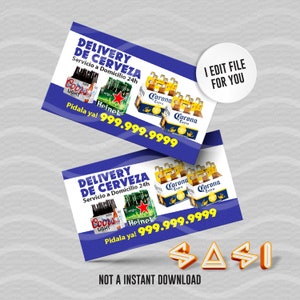 May include: Two blue and white business cards with a design featuring a variety of beer brands, including Corona Extra, Coors Light, and Heineken. The cards advertise a delivery service for beer with the text "Delivery de Cerveza" and a phone number. The text "I Edit File For You" is on a white circle on the top right corner of the image.