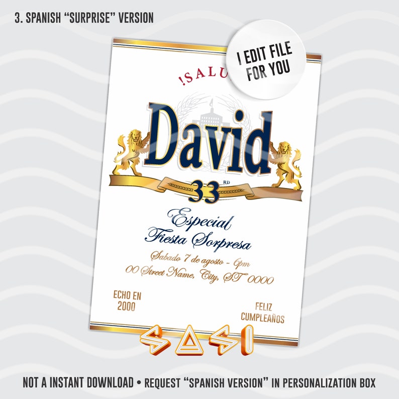 Puede incluir: Una invitaci&oacute;n imprimible blanca para una fiesta sorpresa con un dise&ntilde;o azul y dorado. La invitaci&oacute;n dice "David 33rd Special Fiesta Sorpresa" e incluye la fecha, la hora y la ubicaci&oacute;n de la fiesta. El texto "I Edit File For You" est&aacute; en un c&iacute;rculo blanco en la esquina superior derecha de la invitaci&oacute;n.