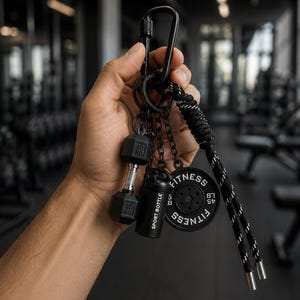 May include: Black keychain with miniature gym equipment charms, including a dumbbell (10 kg), a sport bottle, and a weight plate (45 lb). The keychain also features a black carabiner clip and a braided lanyard.
