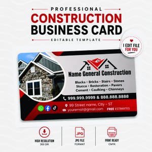 Puede incluir: Una plantilla de tarjeta de visita profesional para construcción con colores negro, blanco y rojo. Muestra una imagen de una casa, el texto Name General Construction, una lista de servicios, números de teléfono y redes sociales.