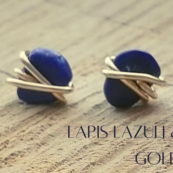 Lapislazuli Ohrringe Blau Marine 14 Karat vergoldet oder 925 Sterling Silber Draht gewickelt zarte Ohrstecker Post Schmetterling Ohrstecker