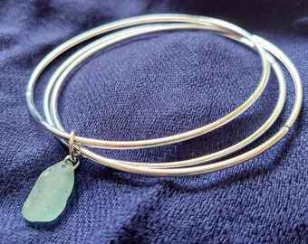 Genuine Cornish Port Isaac Sea Glass Bracelet Triple Bangle Jewellery Seaglass Aqua Green 925 Sterling Silver FREE POSTAGE Cornwall Gift