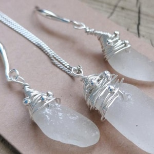 Conjunto de pendientes, collar y colgante de auténtico cristal marino de Port Isaac de Cornualles, joyería de cristal marino blanco transparente, plata de ley 925 * ENVÍO GRATUITO Cornualles