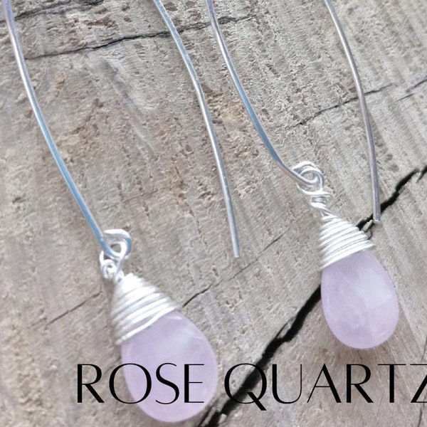 Rose Quartz Earrings Pink Teardrop January birthstone 925 Sterling Silver drop hook wire long wrapped threader FREE POSTAGE Gift for Her