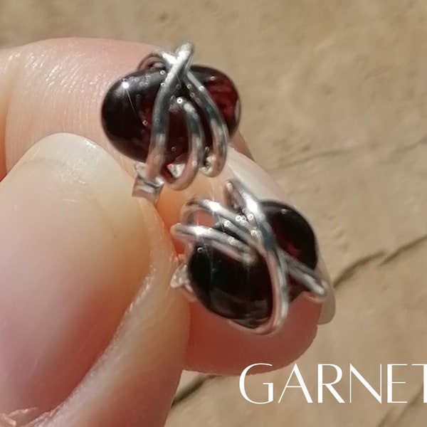 Garnet Earrings Red 925 Sterling Silver wire wrapped delicate elegant handmade stud post January birthstone *FREE POSTAGE* Gift for Her