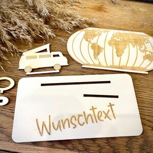 Geldscheinhalter Urlaub Weltkarte mit Camper Weltreise Reise Geldgeschenk Geburtstag Geschenk Wunschtext Personalisierbar imagen 5
