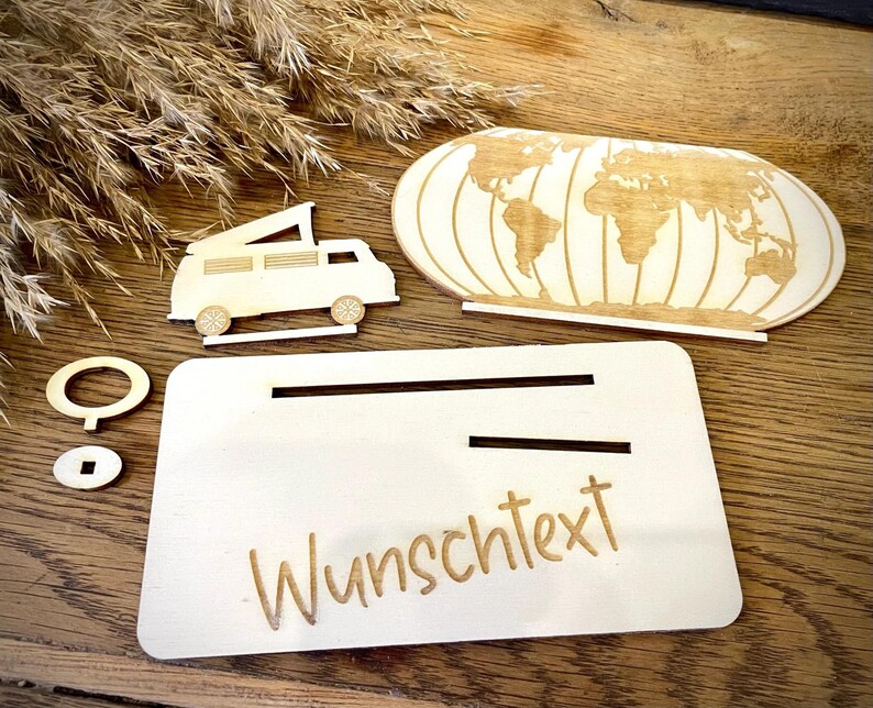 Geldscheinhalter Urlaub Weltkarte mit Camper Weltreise Reise Geldgeschenk Geburtstag Geschenk Wunschtext Personalisierbar imagen 5
