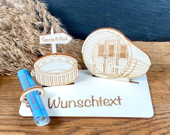 Geldscheinhalter Sauna, Pool, Wellness, Erholung, Entspannung, Geldgeschenk, Geburtstag, Geschenk, Wunschtext, Personalisierbar