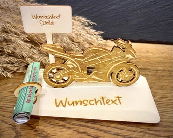 Geldscheinhalter Rennmaschine, Motorrad, Geburtstag, Führerschein, Geschenk, Wunschtext, Personalisierbar