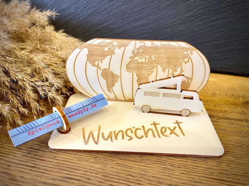 Geldscheinhalter Urlaub Weltkarte mit Camper Weltreise Reise Geldgeschenk Geburtstag Geschenk Wunschtext Personalisierbar imagen 1