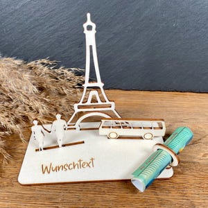 Geldscheinhalter Paris, Eiffelturm mit Bus und Pärchen, Urlaub, Frankreich, Weltreise, Geldgeschenk, Geburtstag, Geschenk, Wunschtext