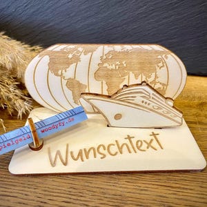 Geldscheinhalter Urlaub, Weltkarte mit Schiff, Kreuzfahrt, Weltreise, Kreuzfahrt, Geldgeschenk, Geburtstag, Geschenk, Wunschtext