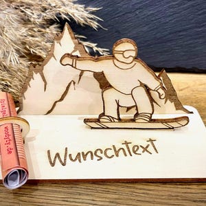 Geldscheinhalter Snowboader, Snowboad, Skiurlaub, Berge, Winterurlaub, Geldgeschenk, Geburtstag, Geschenk, Wunschtext, Personalisiert