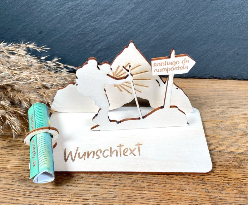 Geldscheinhalter Jakobsweg, Pilgern, Berge, Wandern, Geldgeschenk, Geburtstag, Geschenk, Wunschtext, Personalisierbar Bild 1