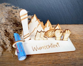 Geldscheinhalter Snowboardausrüstung, Snowboard, Skiurlaub, Berge, Winterurlaub, Geldgeschenk, Geschenk, Wunschtext, Personalisiert