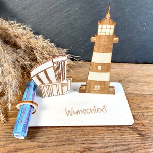 Geldscheinhalter Leuchtturm mit Strandkorb, Ostsee, Nordsee, Urlaub, Geldgeschenk, Geburtstag, Geschenk, Wunschtext, Personalisierbar Bild 1