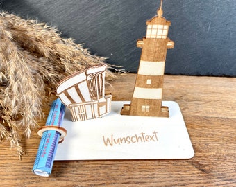 Geldscheinhalter Leuchtturm mit Strandkorb, Ostsee, Nordsee, Urlaub, Geldgeschenk, Geburtstag, Geschenk, Wunschtext, Personalisierbar