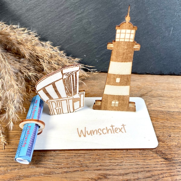 Geldscheinhalter Leuchtturm mit Strandkorb, Ostsee, Nordsee, Urlaub, Geldgeschenk, Geburtstag, Geschenk, Wunschtext, Personalisierbar