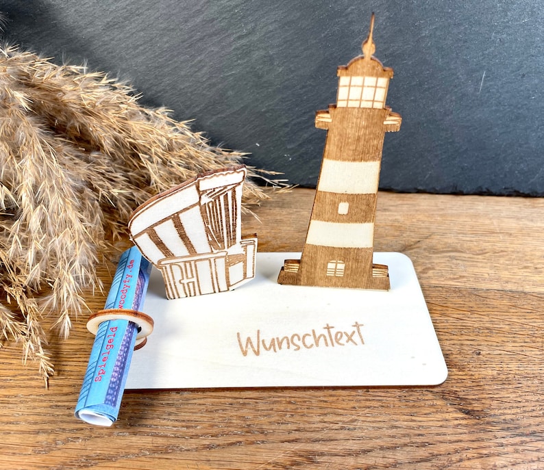 Geldscheinhalter Leuchtturm mit Strandkorb, Ostsee, Nordsee, Urlaub, Geldgeschenk, Geburtstag, Geschenk, Wunschtext, Personalisierbar Bild 1