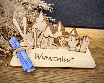 Geldscheinhalter Skiausrüstung, Ski, Skiurlaub, Berge, Winterurlaub, Geldgeschenk, Geburtstag, Geschenk, Wunschtext, Personalisiert
