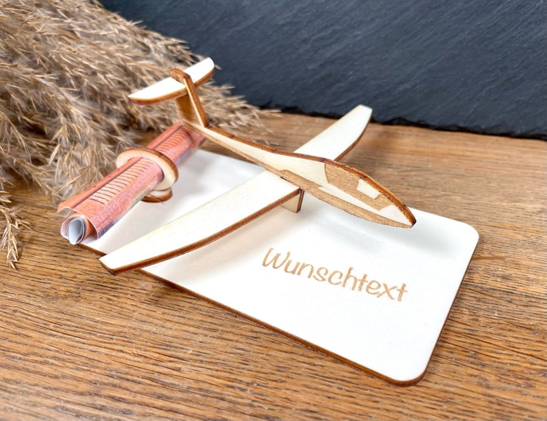 Geldscheinhalter Segelflieger, Flugzeug, Geldgeschenk, Geburtstag, Geschenk, Wunschtext, Personalisierbar Bild 1