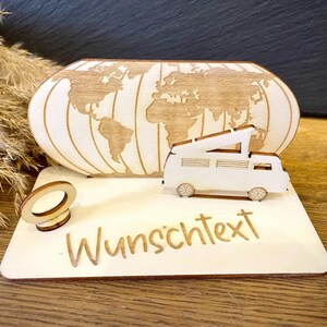 Geldscheinhalter Urlaub Weltkarte mit Camper Weltreise Reise Geldgeschenk Geburtstag Geschenk Wunschtext Personalisierbar imagen 3