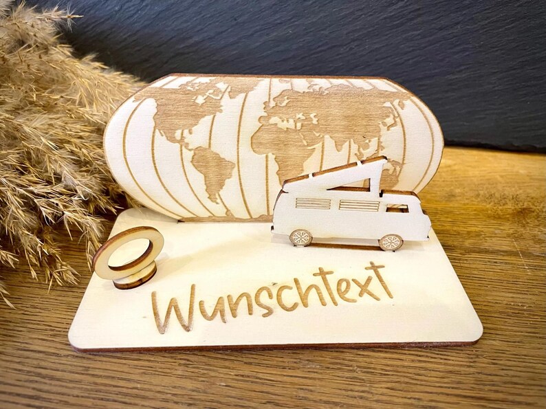 Geldscheinhalter Urlaub Weltkarte mit Camper Weltreise Reise Geldgeschenk Geburtstag Geschenk Wunschtext Personalisierbar imagen 3