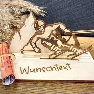 Geldscheinhalter Skifahrer, Ski, Skiurlaub, Berge, Winterurlaub, Urlaub, Geldgeschenk, Geburtstag, Geschenk, Wunschtext, Personalisiert