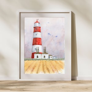 Happisburgh Lighthouse, Watercolor Lighthouse Print, Nautical Art, Marina Art, Beach Lighthouse, England Landscape, Seascape