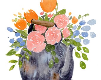 Flowers in a Teapot Watercolor Print