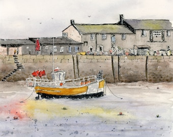 Lyme Regis Harbour, a marina and boat watercolor painting