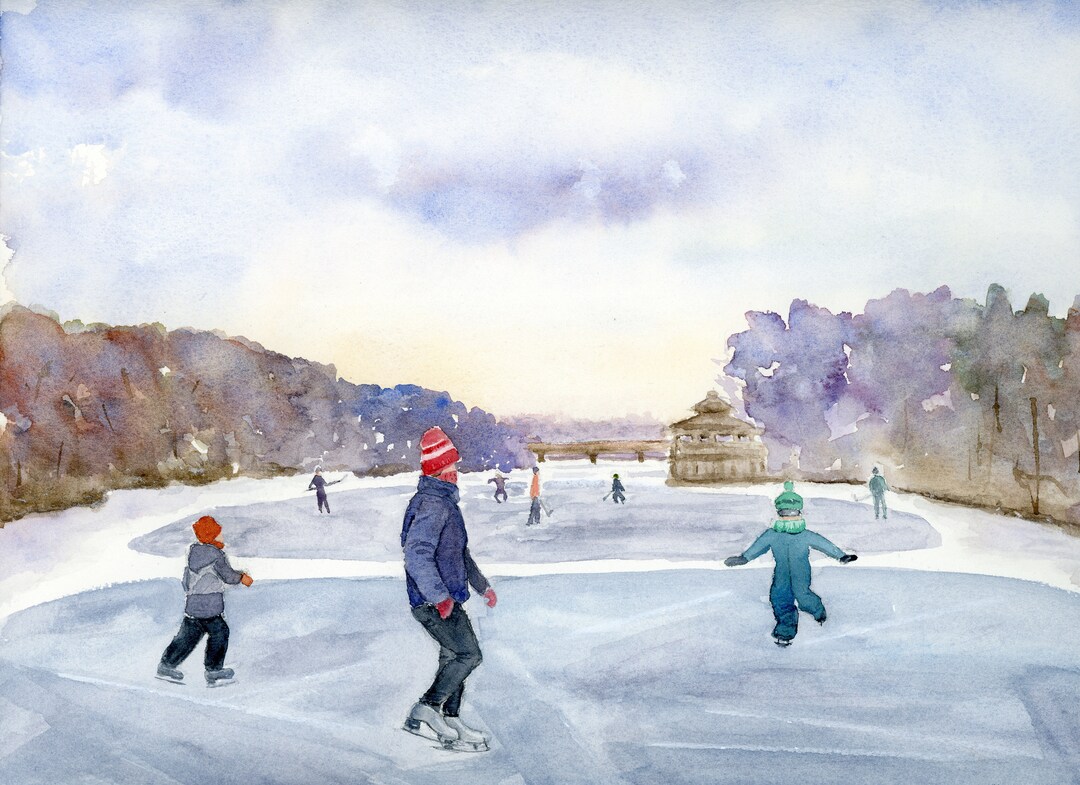 Ice Skating Art Print, Winter Painting, Whimsical Art, River Watercolor ...